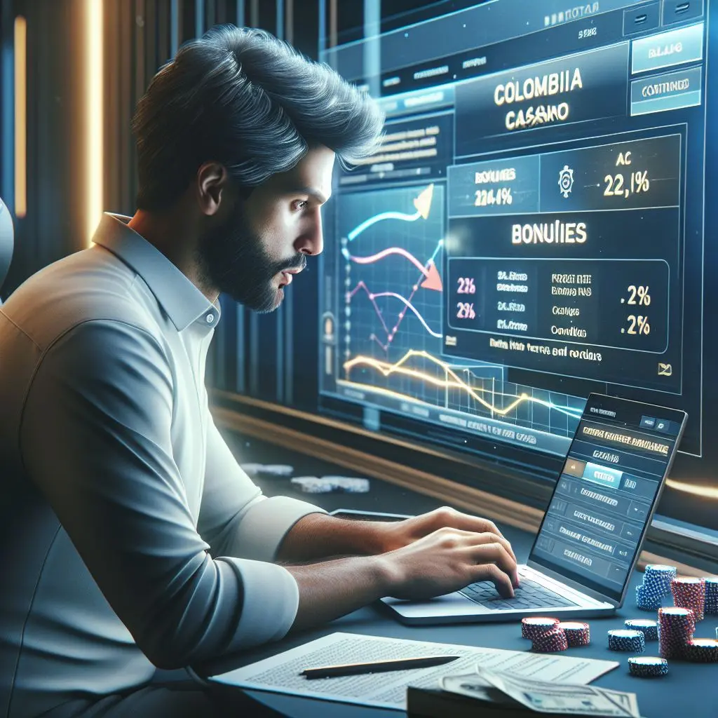 Jugador colombiano revisando requisitos y validez de bonos en Stake desde laptop