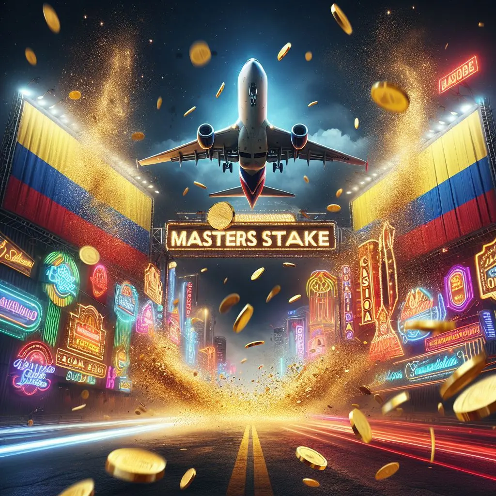 Gráfica colorida de avión y casino para el Juego del Avión Stake