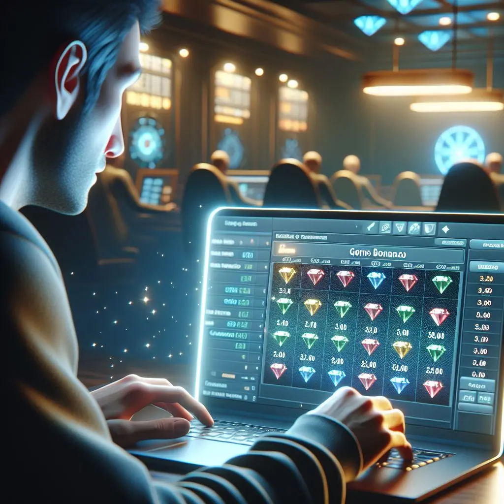 Jugador estudiando tabla de pagos de Gems Bonanza en portátil