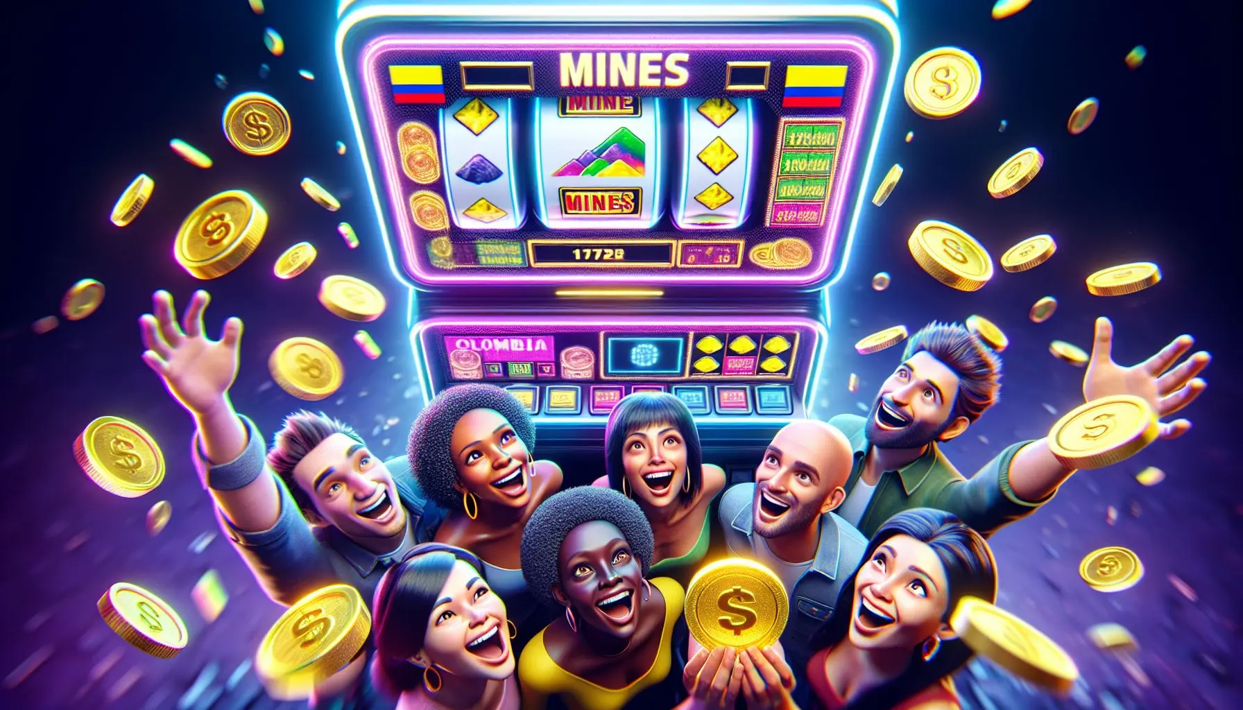 Colombianos disfrutando tragamonedas Mines Stake en ambiente digital festivo